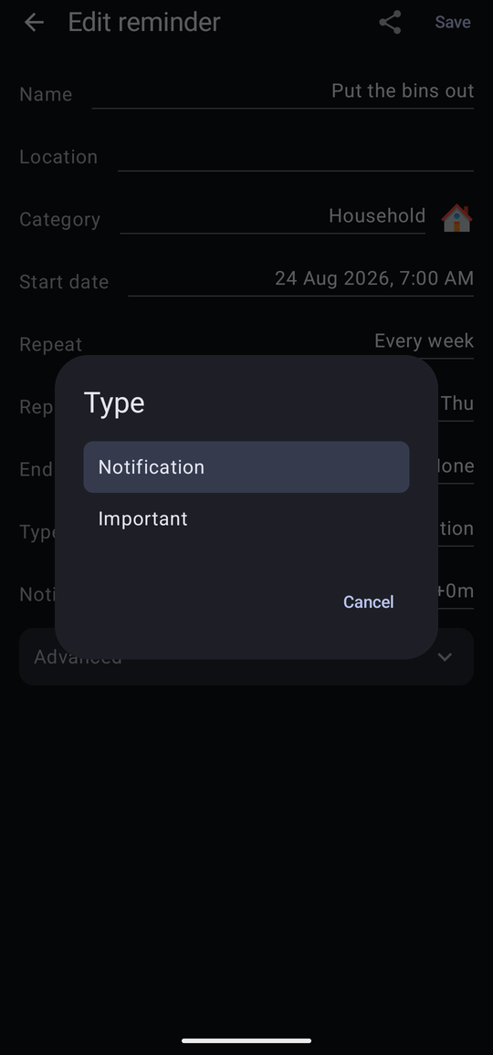 The Type dialog offering Notification and Important.