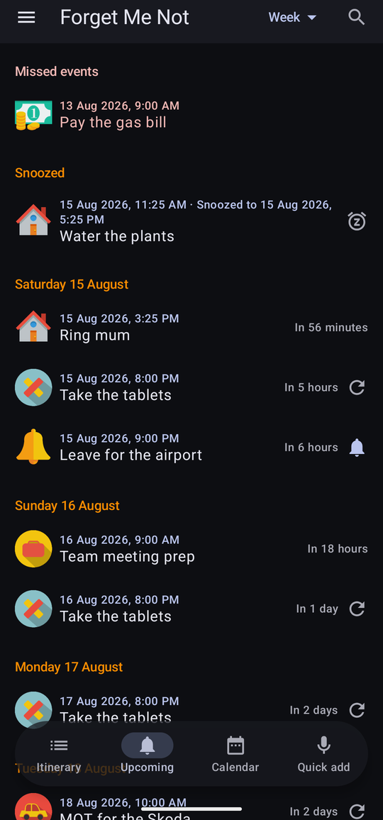 The Upcoming list, with a Missed events section, a Snoozed section, and then a heading for each day.