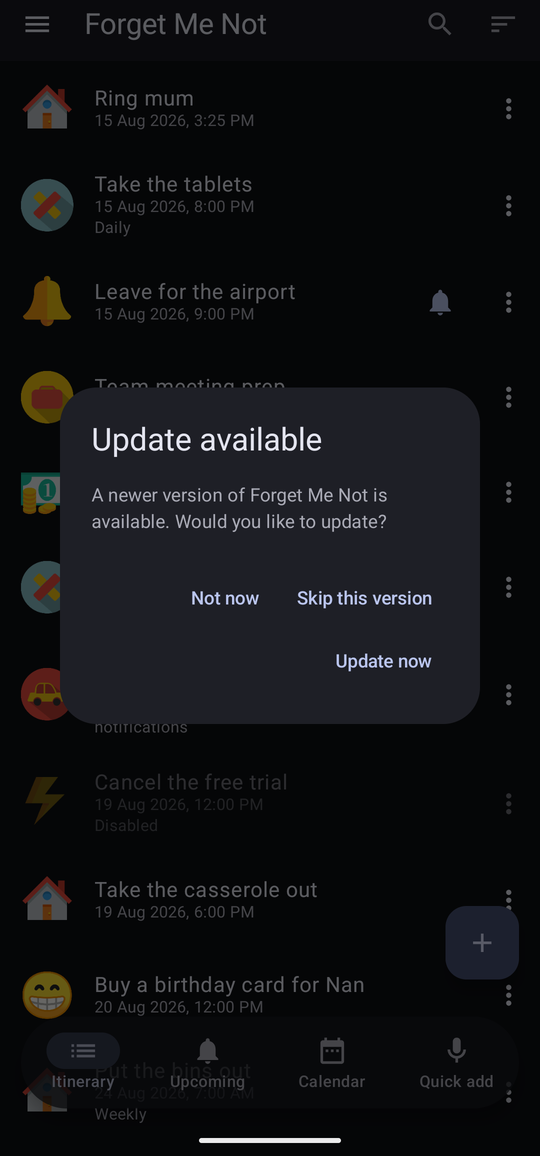 An Update available dialog reading A newer version of Forget Me Not is available. Would you like to update? with Not now, Skip this version and Update now buttons.