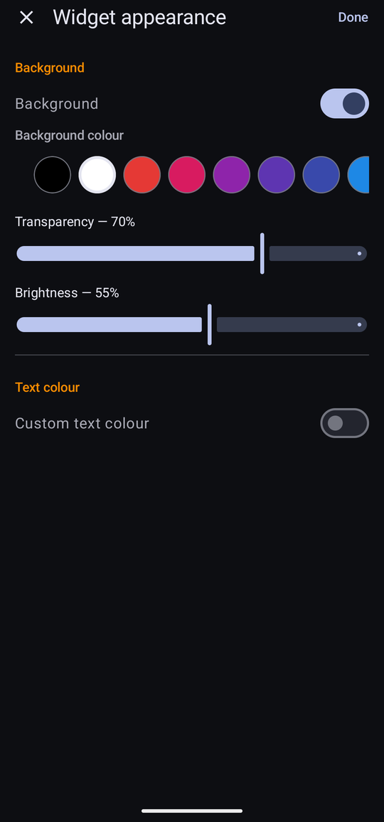 The widget appearance screen: a Background switch turned on with a purple swatch chosen, Transparency at 70%, Brightness at 55%, and a Custom text colour switch left off.