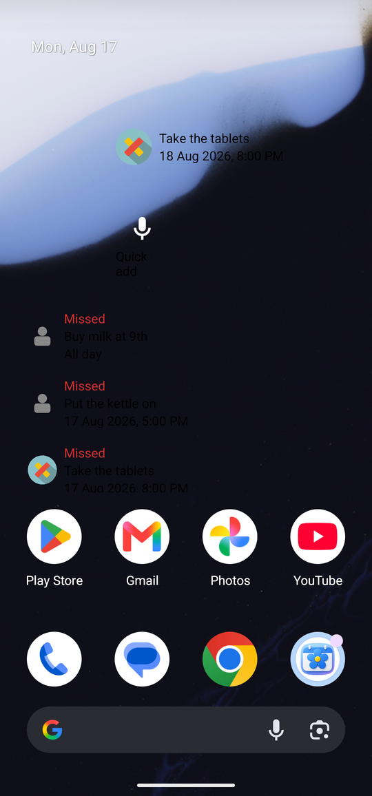 A home screen carrying all three widgets: Next reminder at the top showing Take the tablets, the Quick add microphone below it, and What's on today underneath showing three Missed reminders on a tinted purple background.